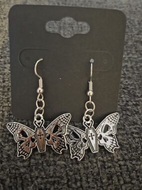 Butterfly Skull Coffin Dangle Earrings - Silver and Black